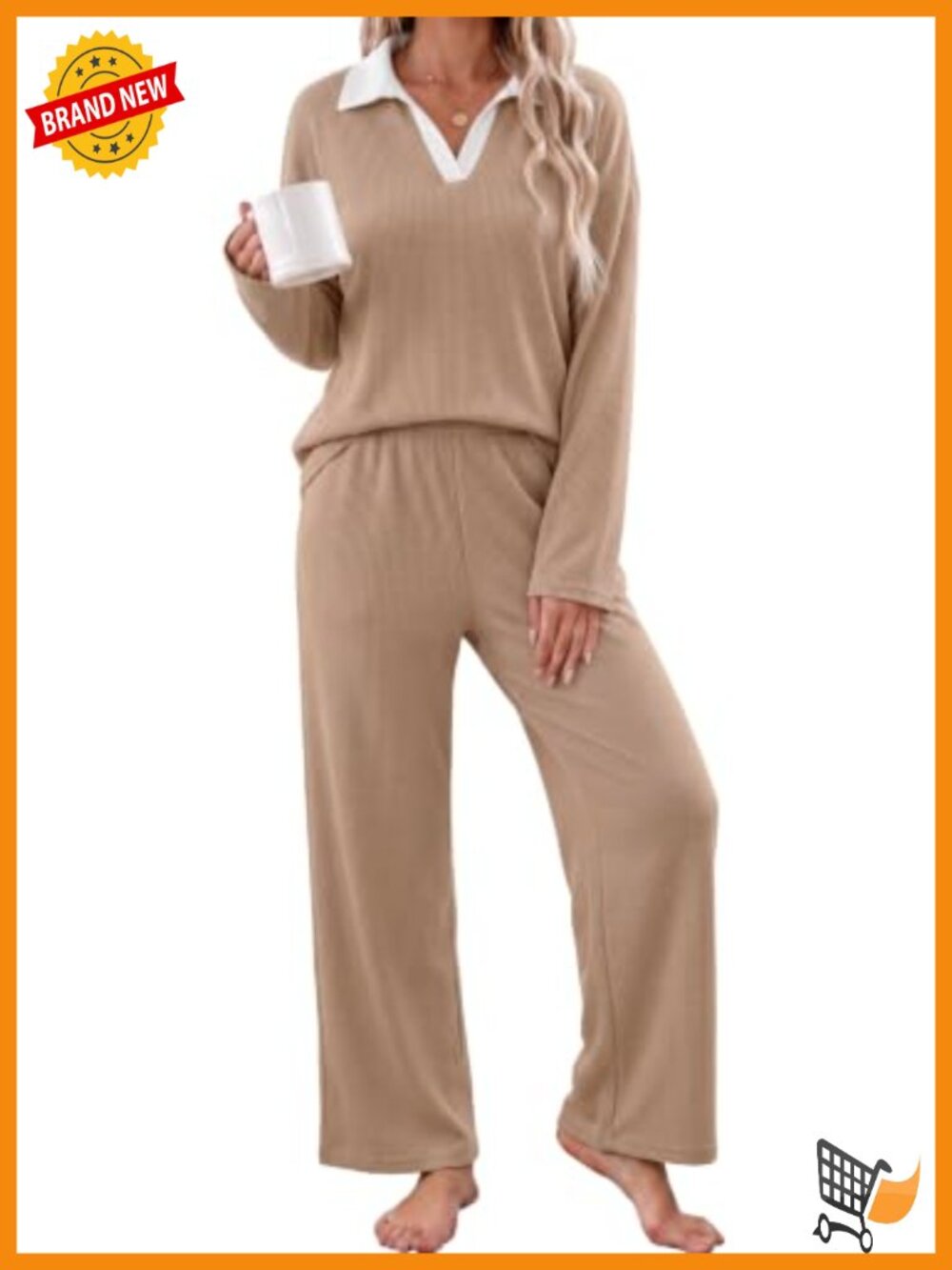 Waffle Knit Lounge Set Long Sleeve Polo Pullover Pajama Set Women